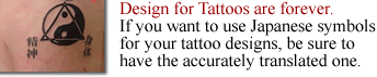 Design For Tattoo are foreever. If you want to use Japanese symbols for your tattoo design, be sure to have the accurately translated one.